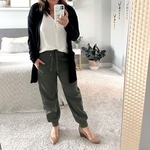 Olive green, jogger style work pant.